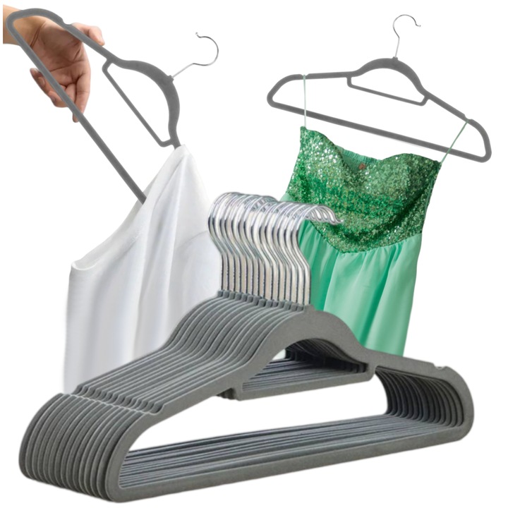 Set 20 umerase pentru haine, JDS, velur gri, dimensiuni 44,5x22x0,5cm, design antiderapant