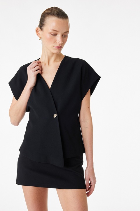 KOTON, Bluza asimtrica cu decolteu in V si aspect petrecut, Negru