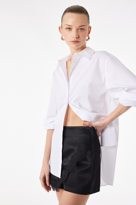 KOTON, Fusta-pantalon mini de satin cu detalii de dantela, Negru stins