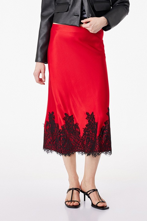 KOTON, Fusta midi cu garnituri de dantela, Negru stins/Rosu vermillion