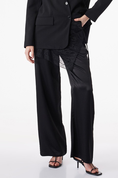 KOTON, Pantaloni de satin cu detalii de dantela, Negru
