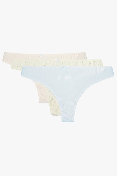 KOTON, Set de chiloti tanga din amestec de bumbac- 3 perechi, Albastru pal/Crem