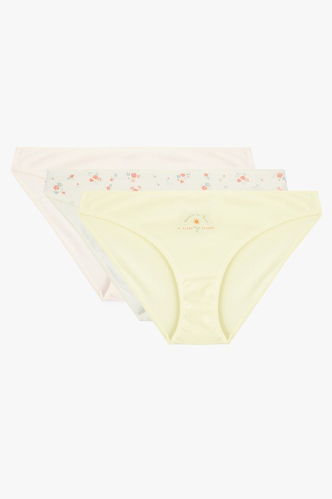 KOTON, Set de chiloti cu imprimeu floral - 3 perechi, Galben pal/Roz pal, XL