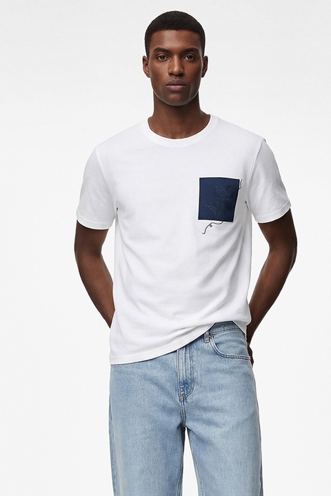 KOTON, Tricou regular fit cu aplicatie contrastanta pe piept, Alb