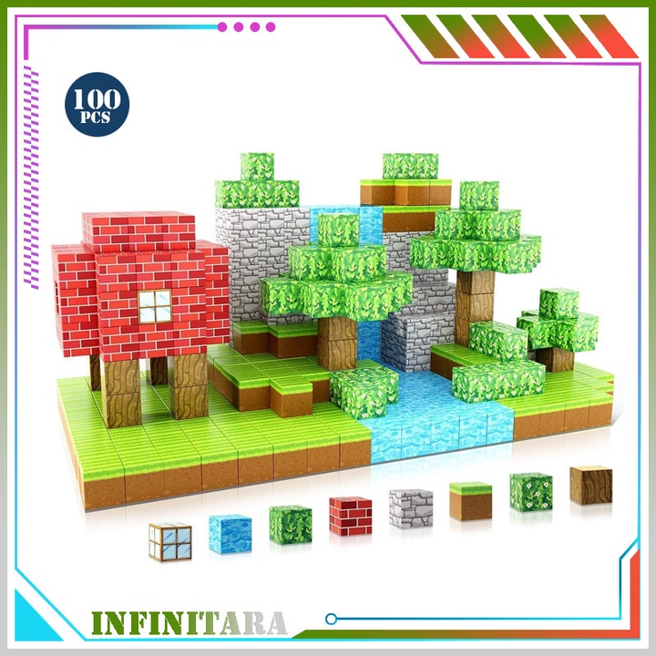 Set cuburi magnetice 100 piese, Minecraft, verde, pentru copii de 4 ani
