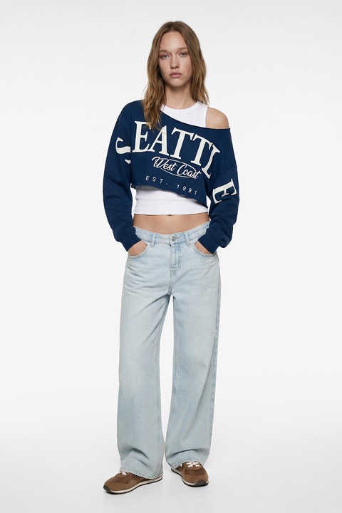 KOTON, Tricou crop cu decolteu pe un umar, Albastru petrol
