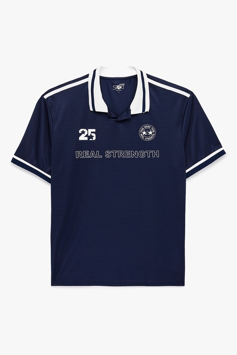 KOTON, Tricou polo cu croiala relaxed-fit si imprimeu text, Alb murdar/Bleumarin