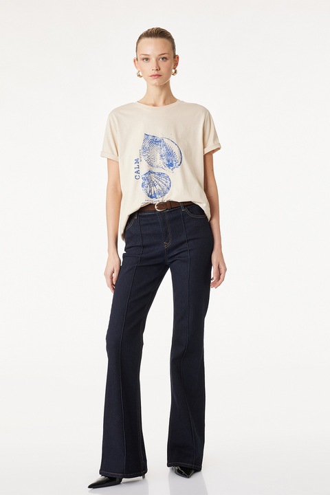 KOTON, Tricou cu decolteu la baza gatului si imprimeu, Bej