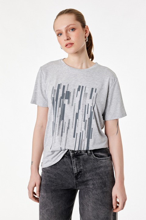 KOTON, Tricou cu decolteu la baza gatului si imprimeu grafic, Gri deschis