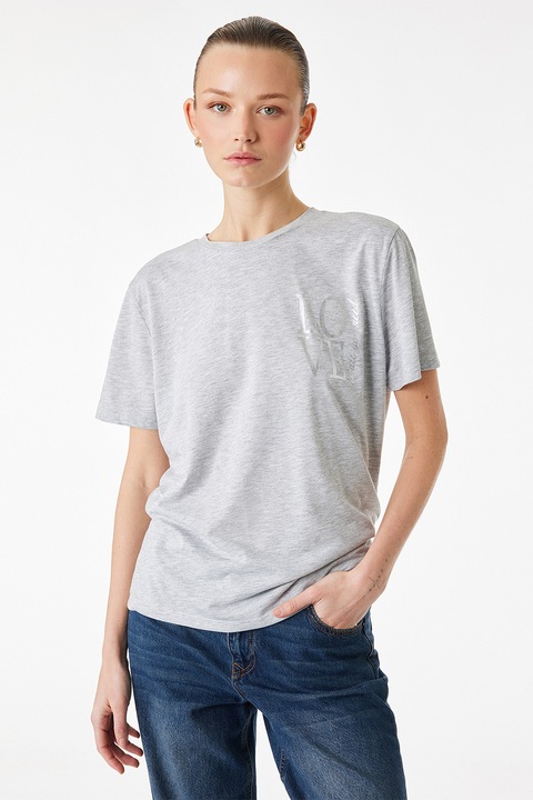 KOTON, Tricou lejer cu imprimeu text, Gri deschis