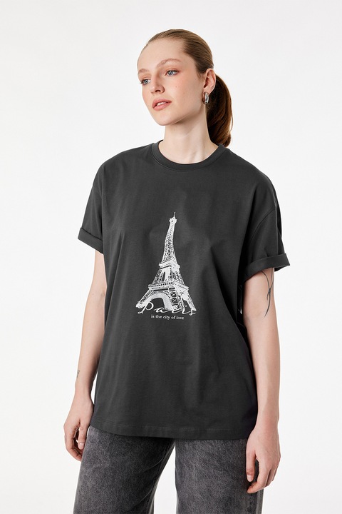 KOTON, Tricou cu decolteu la baza gatului si imprimeu grafic, Gri inchis