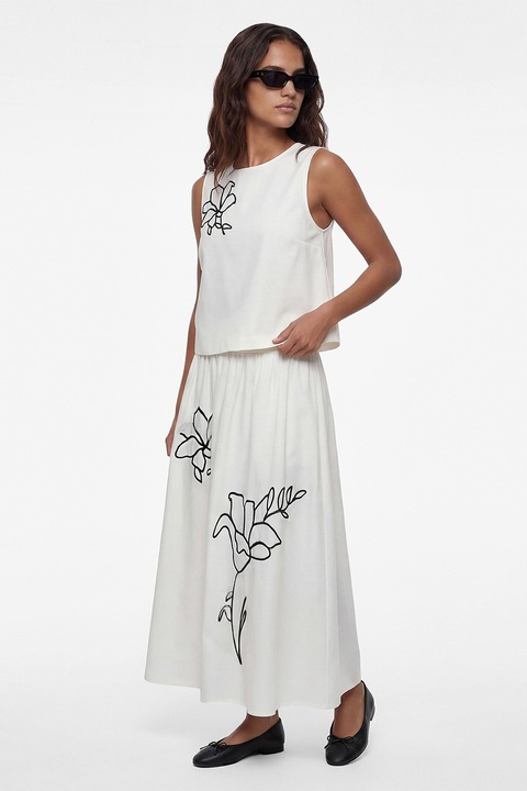 KOTON, Fusta midi din amestec de in cu croiala evazata si broderie florala, Alb murdar