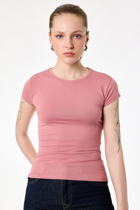 KOTON, Tricou slim fit cu decolteu la baza gatului, Roz pastel