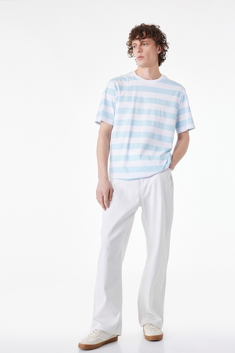 KOTON, Tricou de bumbac cu dungi, Albastru pastel/Alb optic