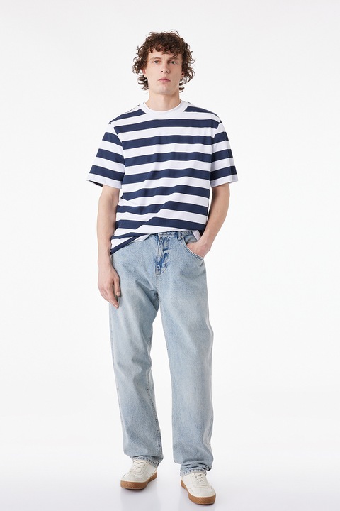 KOTON, Tricou de bumbac cu dungi, Alb optic/Bleumarin