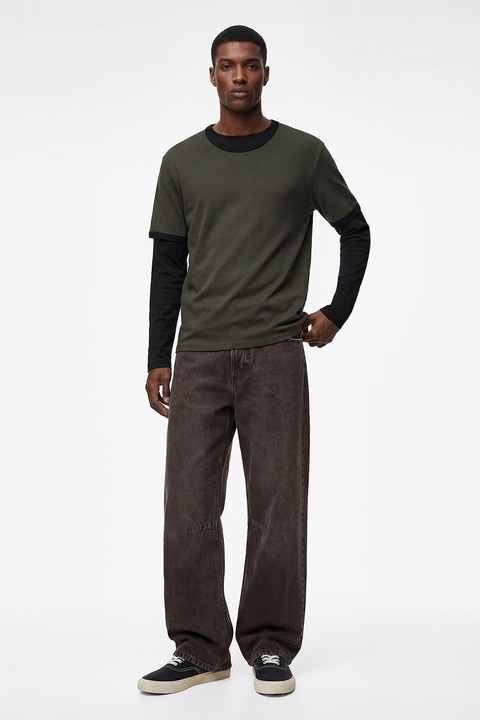 KOTON, Tricou de bumbac cu decolteu la baza gatului, Kaki inchis