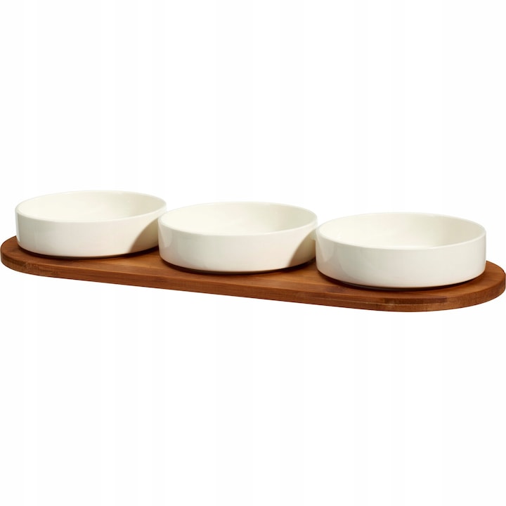 Set 3 boluri din portelan cu tava din bambus 50cm Koopman