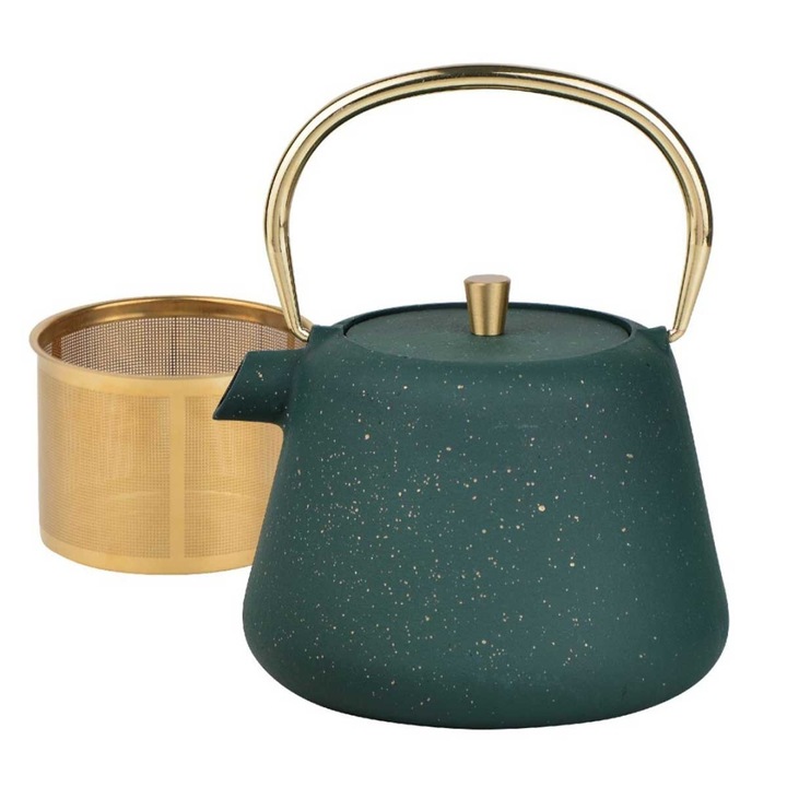 Ceainic din fonta 1L cu filtru, culoare verde sticla, design elegant