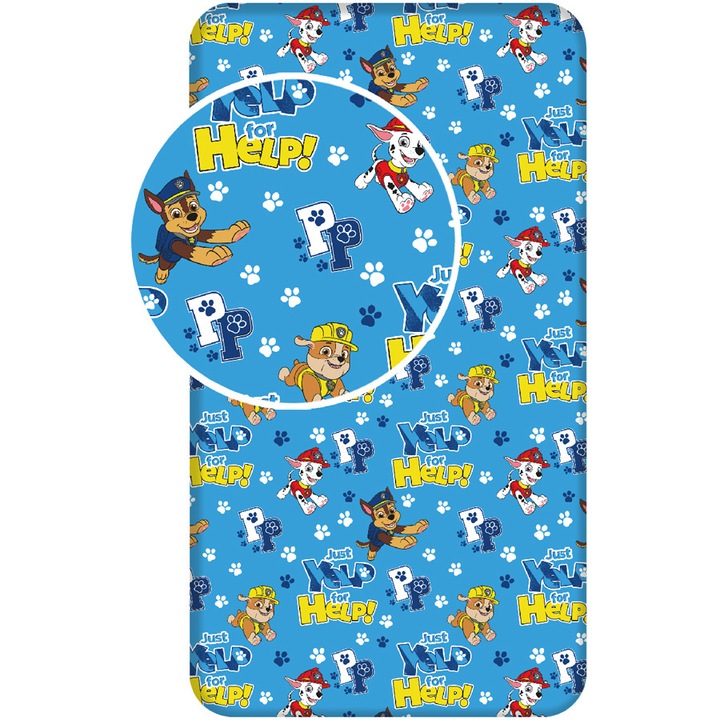 Cearceaf elastic pentru copii Paw Patrol, Jerry Fabrics, 90x200cm, albastru