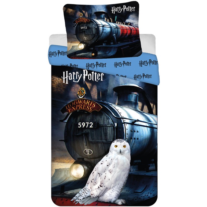 Set lenjerie de pat Harry Potter Hogwarts Express, Jerry Fabrics, 100% bumbac, 1 fata de perna 70x90cm, 1 pilota 140x200cm