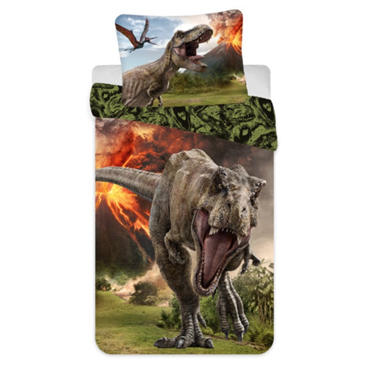 Set lenjerie de pat Jurassic World II, Jerry Fabrics, 100% bumbac, verde, 140x200cm, 70x90cm