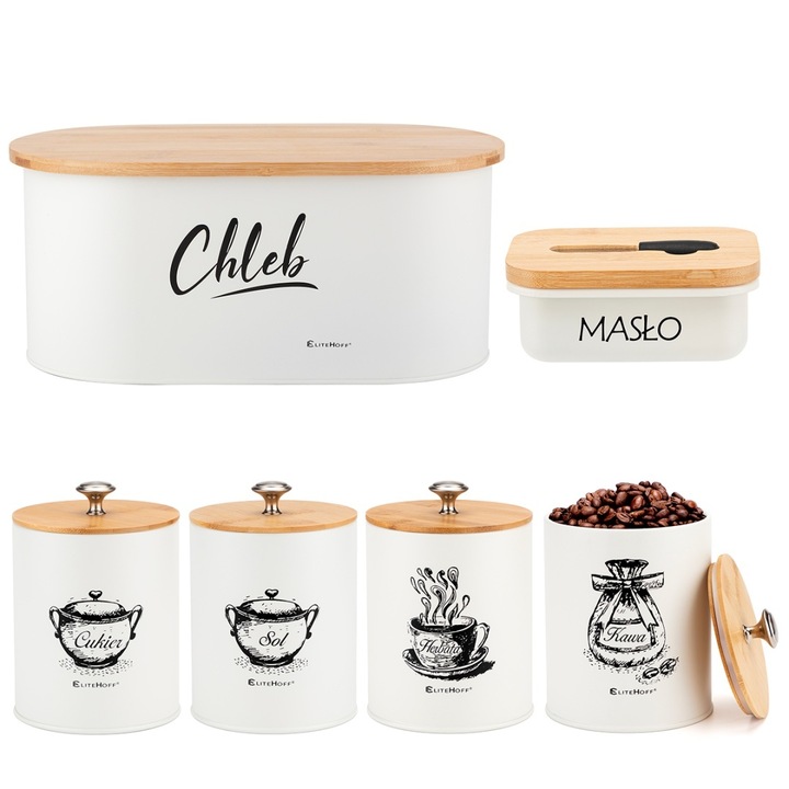 Kenyértartó 4 tárolóedénnyel és vajtartóval, fehér, 34x18x15,8cm