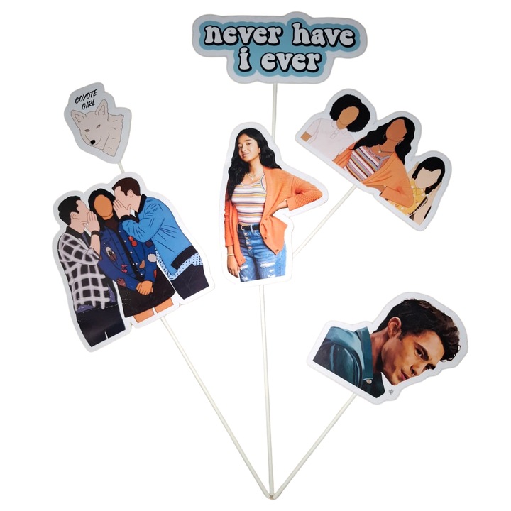 Decoratiune topper tort carton, tematica Never Have I Ever, aniversare - 6 piese