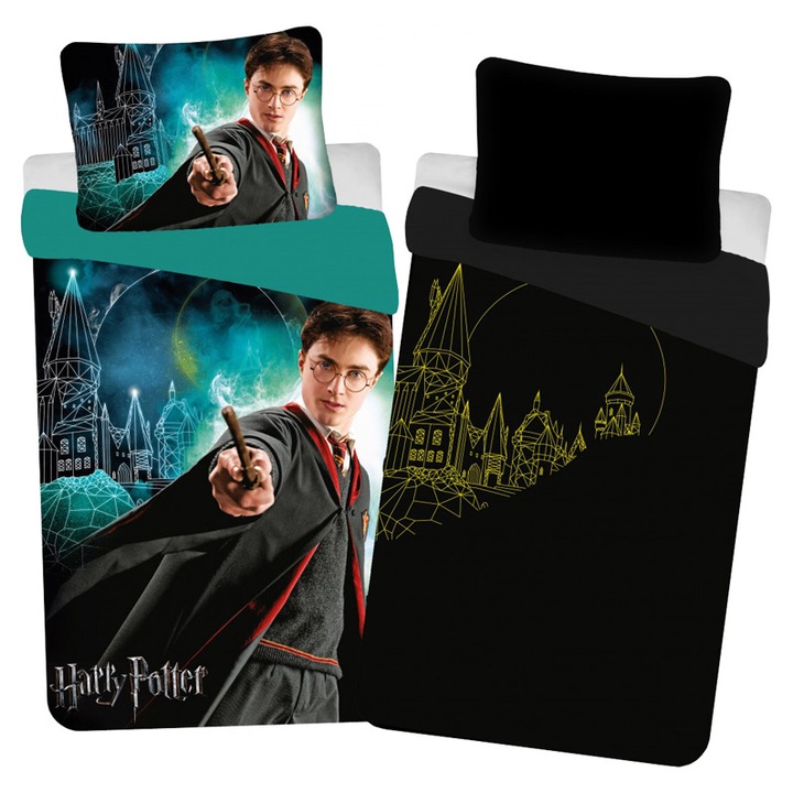 Lenjerie de pat Harry Potter Glow in the Dark, BrandMac, 100% bumbac, 1 perna 70x90cm, 1 cearceaf 140x200cm, verde
