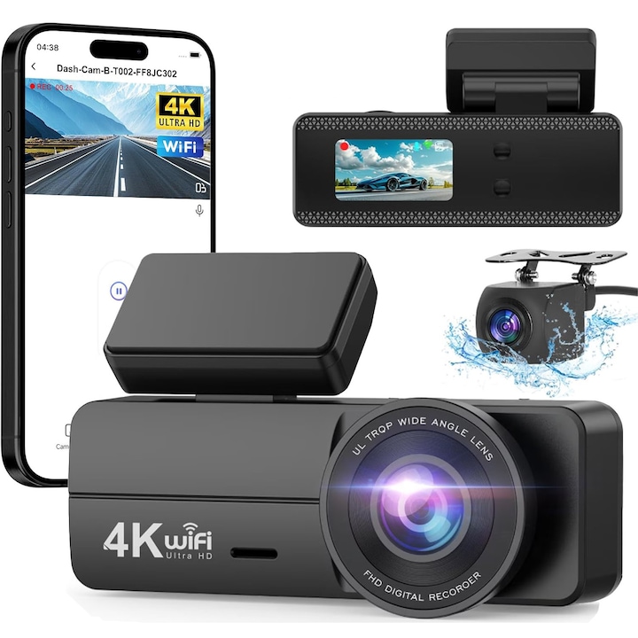 Camera Auto DVR PRESOMA®, 4K Full HD, 1080P, HDR/WDR, Unghi Filmare 170°/140°, WiFi si App, Inregistrare in bucla, Vedere nocturna, G-Sensor, Monitorizare Parcare, Instructiuni vocale, Camera video marsarier inclusa in pachet