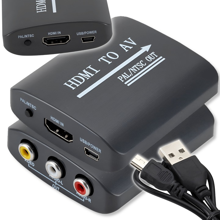Converter HDMI la AV RCA, Arthon, NTSC PAL, 66x55x20mm, set cu cablu USB