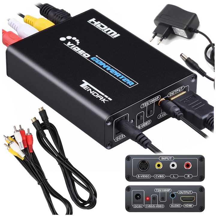 Convertor AV/S-Video la HDMI cu jack 3,5mm, Arthon, rezolutie 1080p, set complet