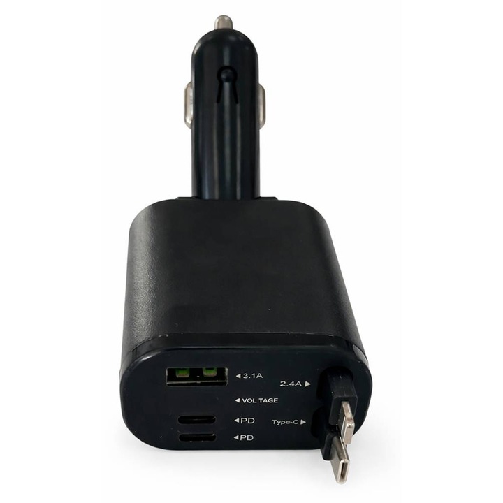 Autós töltő 5 az 1-ben, Gyors töltés, USB, 2xType-c, 5VDC-től 12VDC-ig, 65W