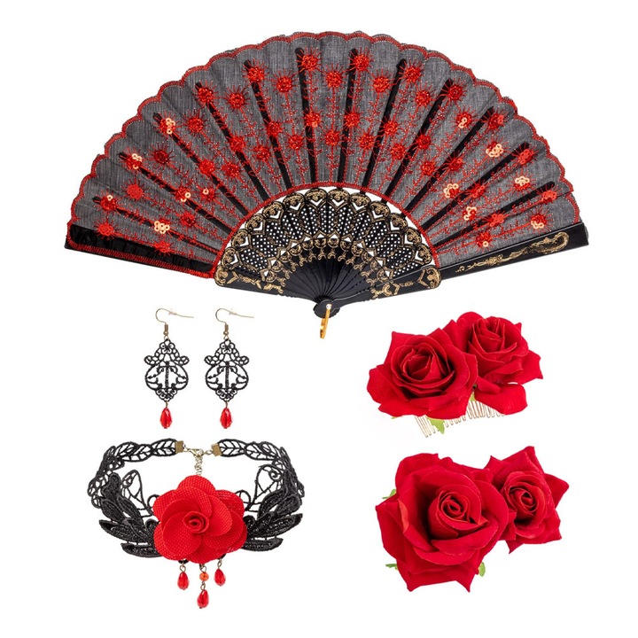 Set accesorii dama DRESHOW 7859397, Pentru dansatoare de flamenco, 5 piese, Evantai, cercei, colier, agrafe de par cu trandafiri, Rosu/Negru