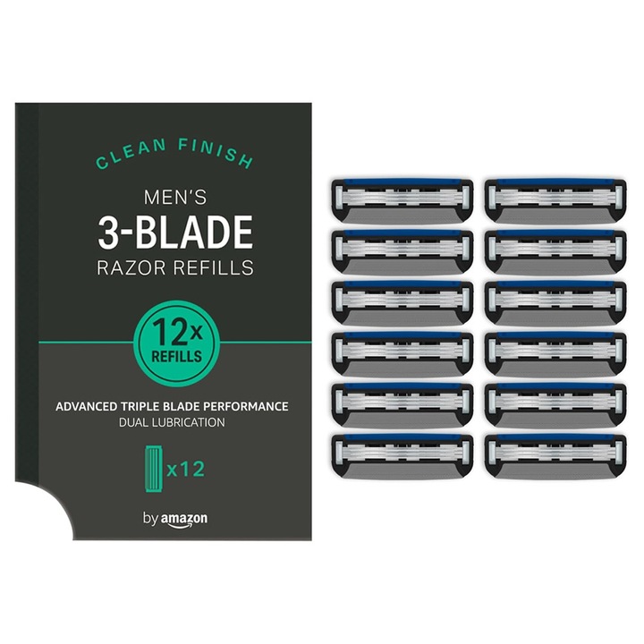 Set rezerve de lame de ras Amazon 6010147, 3 lame, 12 bucăți, Albastru/Negru