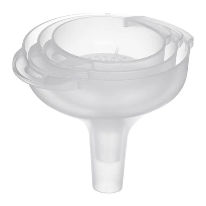 Комплект пластмасови фунии, 3 размера, 4 части, С ухо за захват, С отвор за окачване, С цедка, Многоцветен