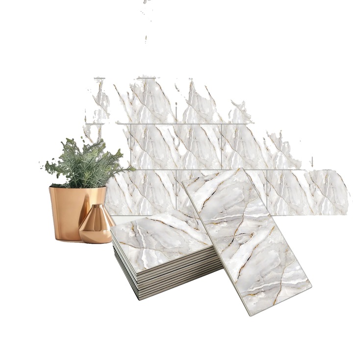 Stickere decorative 3D, design marmura, gri deschis cu auriu, set 60 bucati, 30x60cm