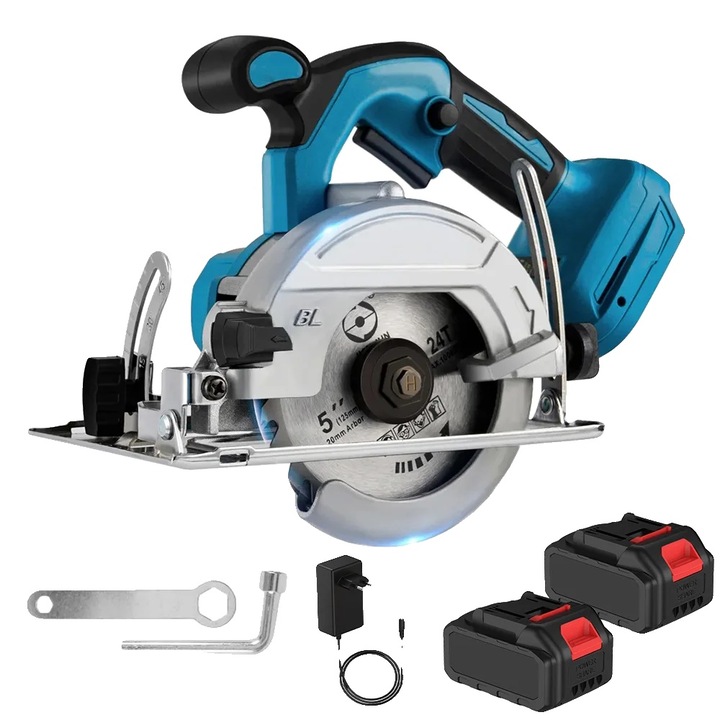 Fierastrau circular electric, unghi de taiere ajustabil, functionare fara praf, set cu 2 baterii, 1000W, 125mm