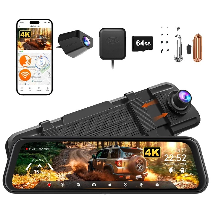 Camera auto DVR, 4K, sistem cu doua lentile, unghi larg de 170°, set cu kit hardwired, 64G TF gratuit
