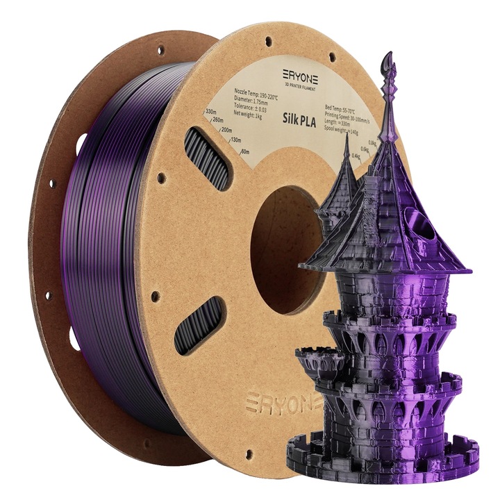 Filament 3D, selyem fekete lila, 1.75mm, PLA, dupla színű készlet, nagy méretpontosság