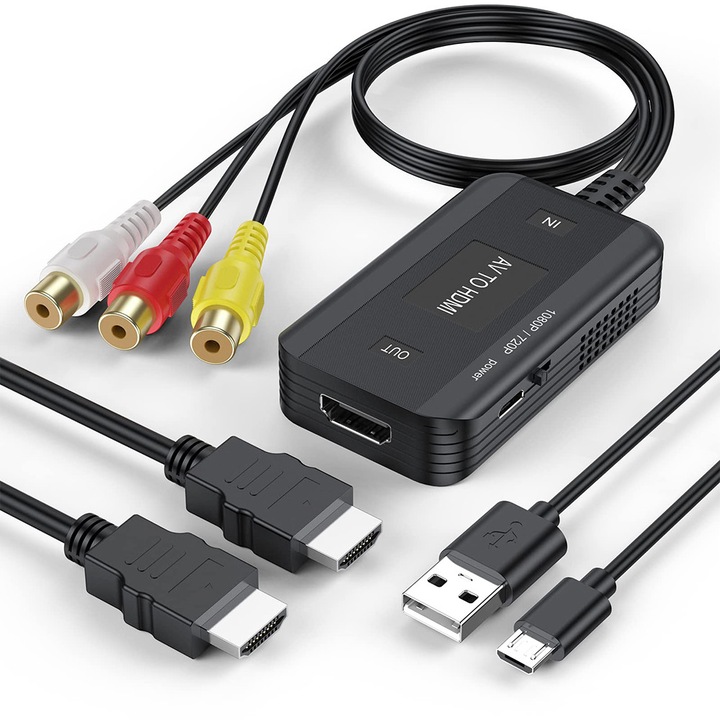 Adaptor convertor AV/RCA mama la HDMI, JESWO®, ABS, Full HD 1080P, Plug and Play, Cablu HDMI inclus, Negru