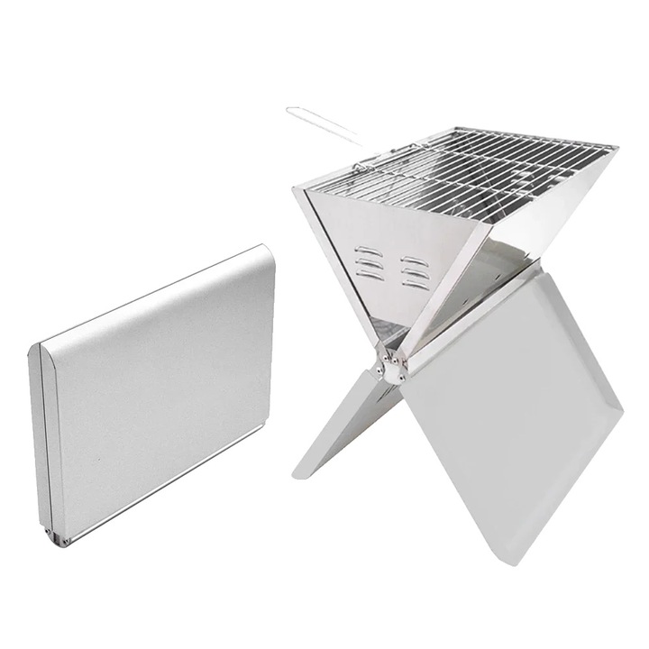 Hordozható grill, 410 rozsdamentes acél, 3-5 személyes, 31x39cm, összecsukható