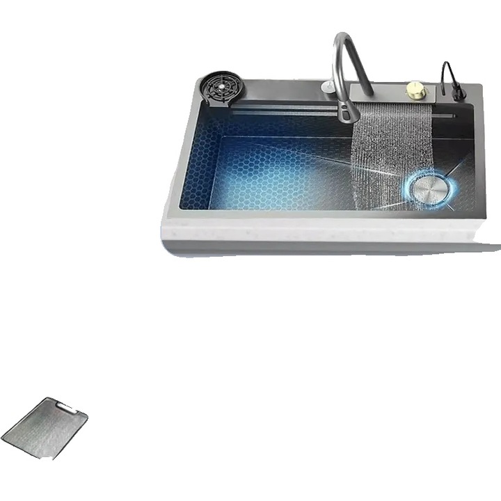 Chiuveta bucatarie, accesorii multifunctionale, robinet retractabil, inox, montare sub blatul de lucru, 4 gauri