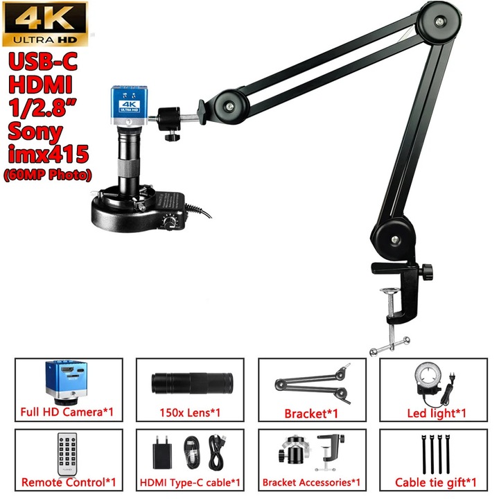 Цифров микроскоп, 4K, 150X, тежка стойка, метал