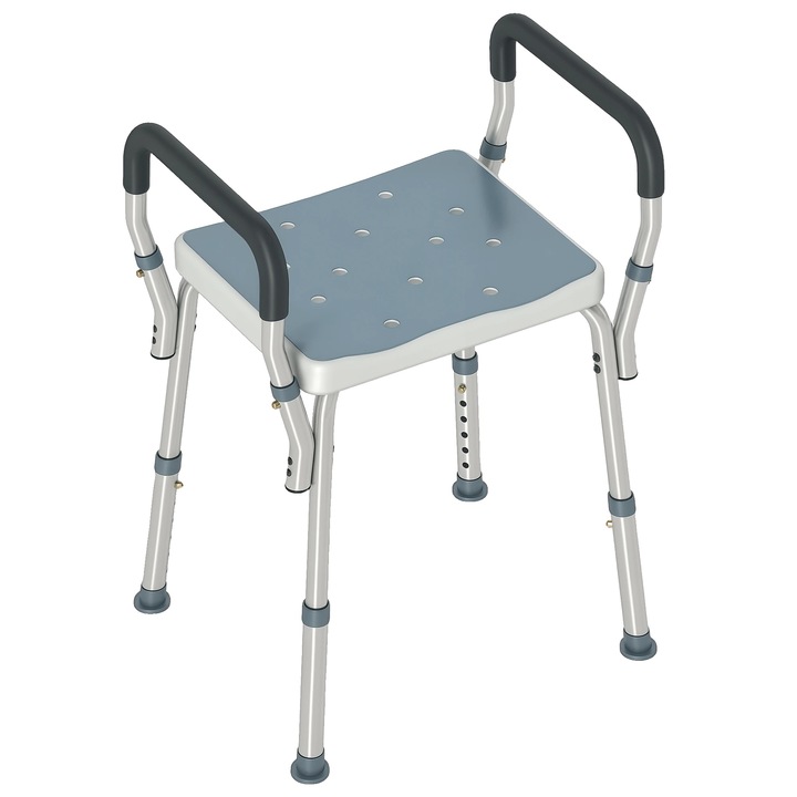 Scaun de dus, inaltime ajustabila, cadru din aluminiu antiderapant, albastru