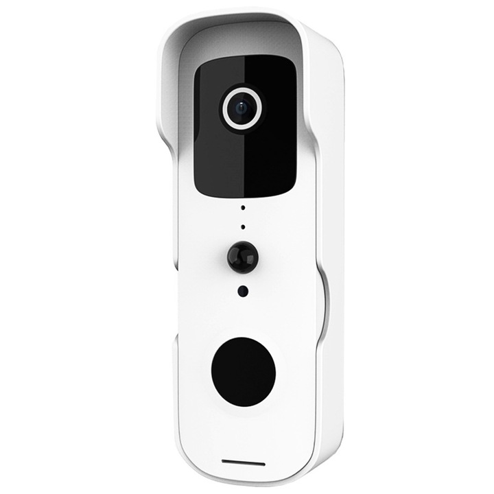 Sonerie video fara fir, 1080p Full HD, compatibila cu Wi-Fi, compatibila cu Tuya, Google Home si Alexa, comunicare bidirectionala, gestionare de la distanta prin aplicatie mobila, viziune nocturna cu infrarosu, rezistenta la apa, durabila, alb