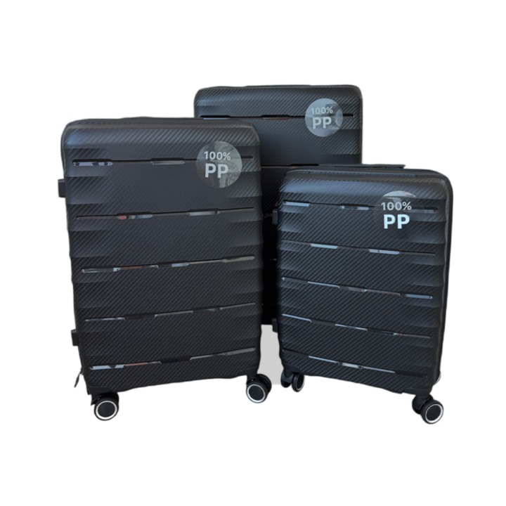 Комплект от 3 куфара куфари с цип против кражба с трицифрена парола / S/M/L куфари с 4 безшумни двойни колелца 360° / черни