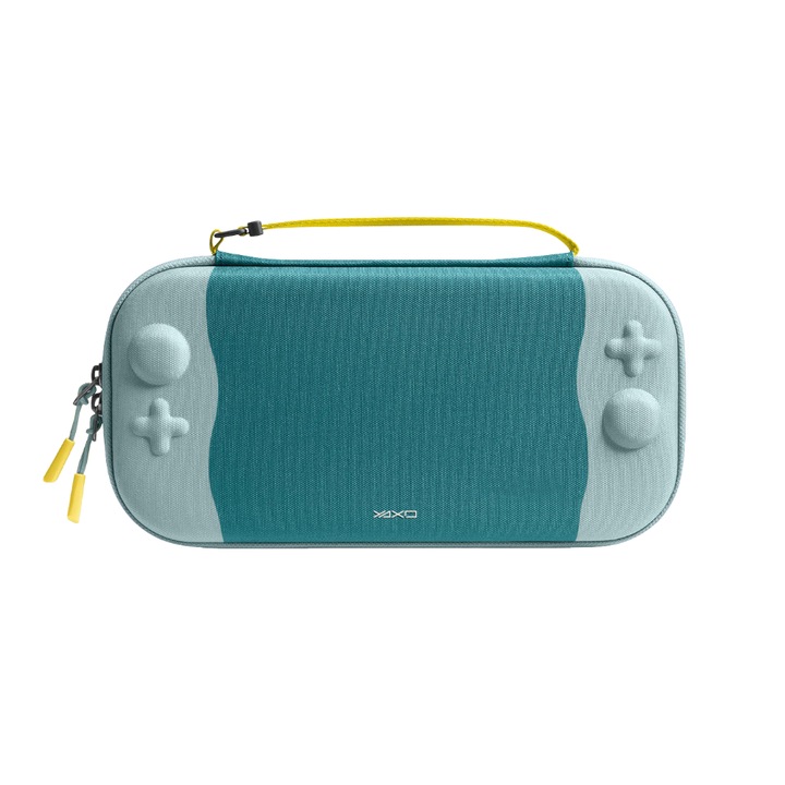 Husa pentru consola Nintendo Switch 2, YAXO, Tahoe Cool Edition, Rigida, Rezistenta la socuri, Compartiment pentru 12 jocuri, Fermoar si maner, Culoare Albastru menta