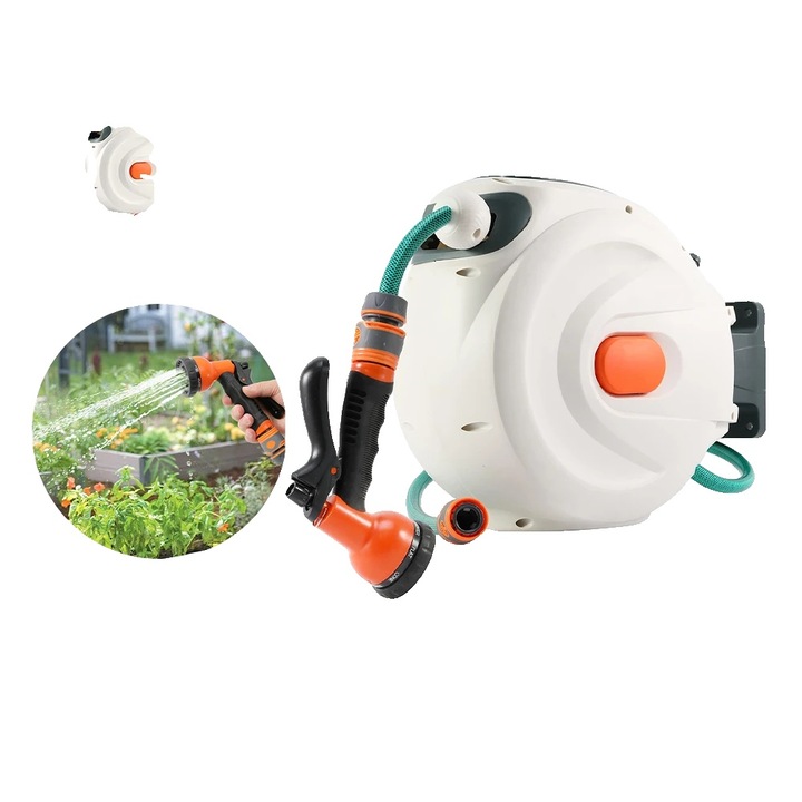 Прибиращ се градински маркуч, 20м, 16мм, самоприбираща се система, монтиране на стена, въртене на 180 градуса