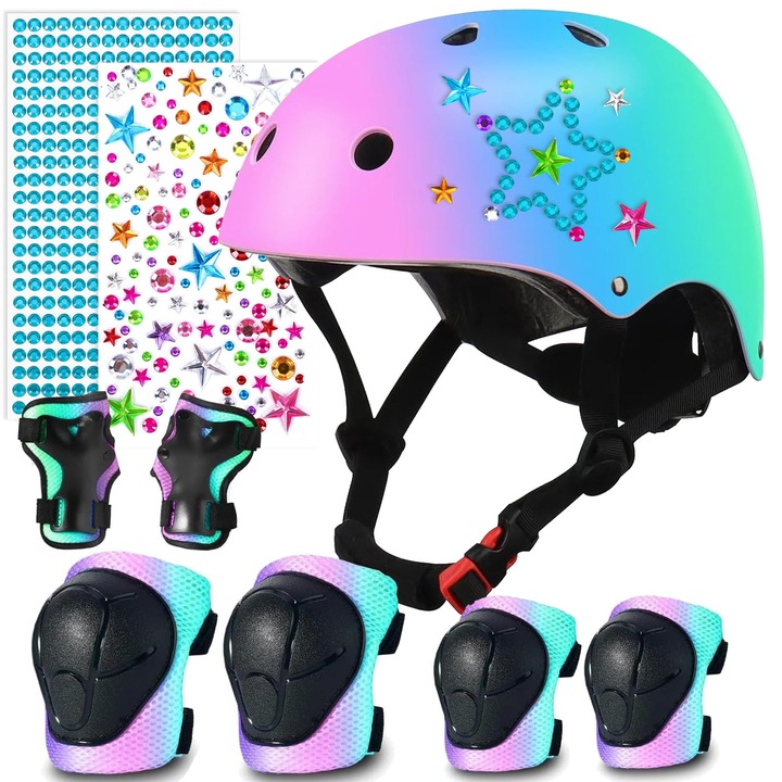 Casca Protectie Bicicleta Copii, Set Casca Reglabila 7 in 1, 1 casca, 2 genunchiere, 2 cotiere, 2 protectii pentru incheieturi, pentru Ciclism, Patinaj, Skateboard, 6-12 ani, M 53-58cm, verde