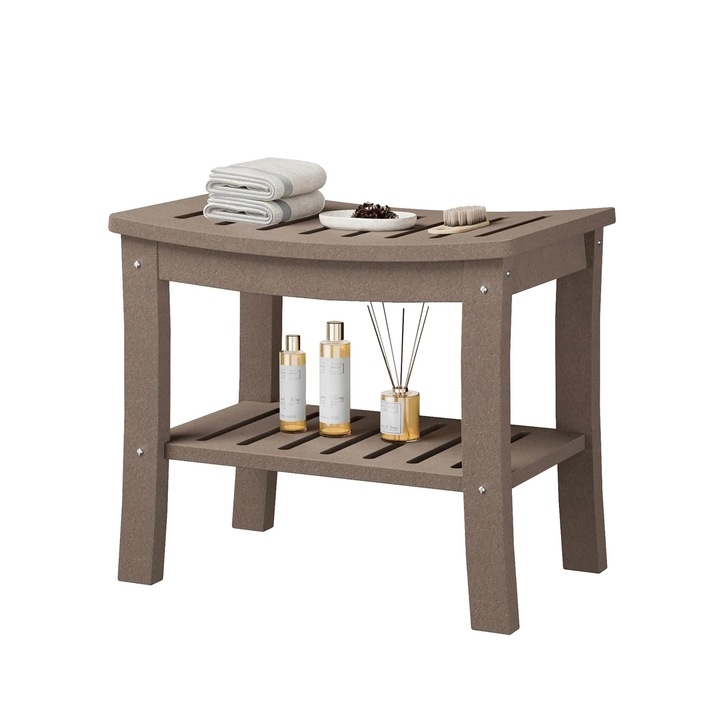 Banca de dus cu raft de depozitare, design rezistent la apa, maro, 20.6x13.8x17.7 in